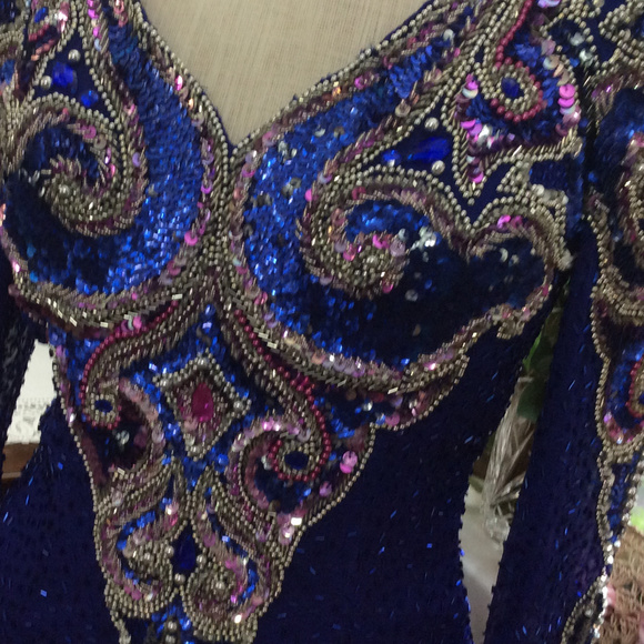 SOLD ... More Pics of Glitzy Silk Blue Sequin Gown - Picture 1 of 8